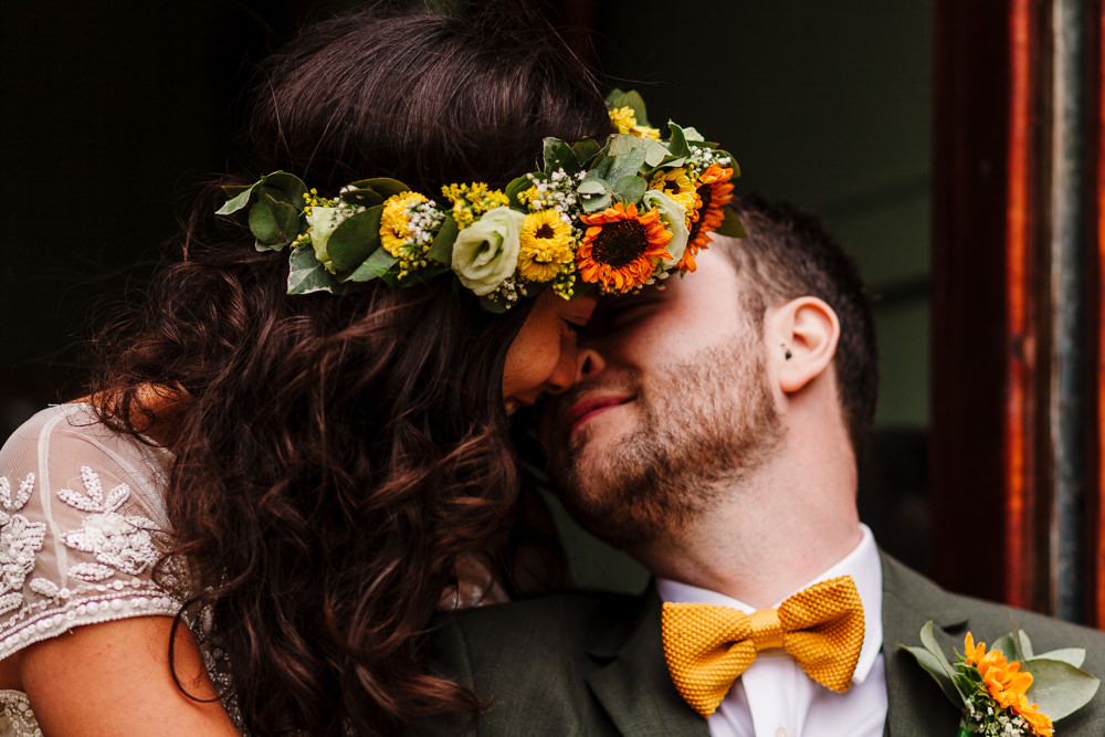 Groom Mustard Yellow Bow Tie Fun Colourful Festival Camp Wedding Rachel Burt Photography