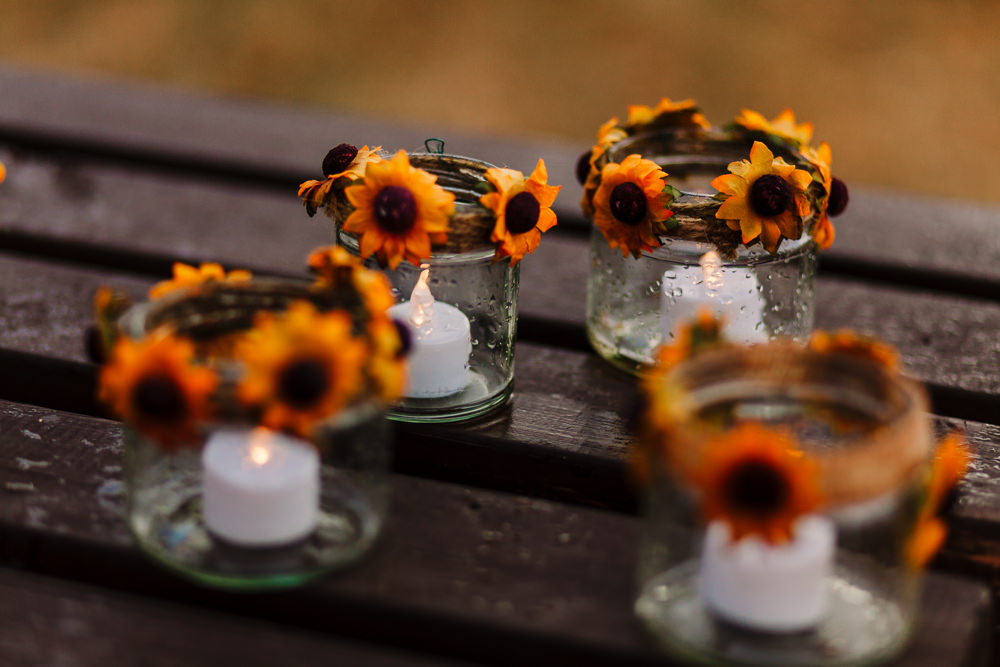 Sunflowers Tea Lights Candles Fun Colourful Festival Camp Wedding Rachel Burt Photography