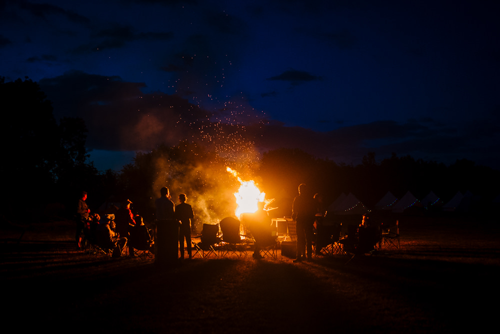 Bonfire Evening Fun Colourful Festival Camp Wedding Rachel Burt Photography