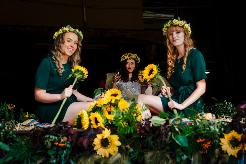 Bridesmaids Green Dresses Sunflowers Flower Crown Bouquets Fun Colourful Festival Camp Wedding Rachel Burt Photography