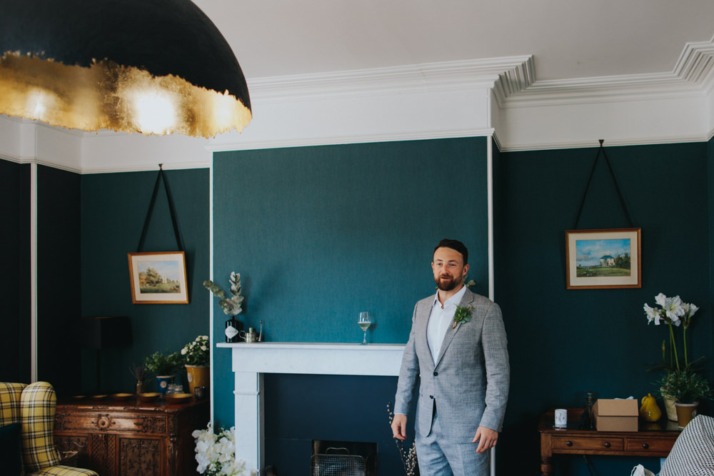 Groom Suit Grey Open Collar Shirt Godwick Great Barn Wedding Joshua Patrick Photography