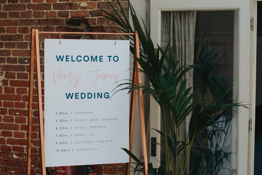 Timings Welcome Sign Graphic Copper Frame Godwick Great Barn Wedding Joshua Patrick Photography