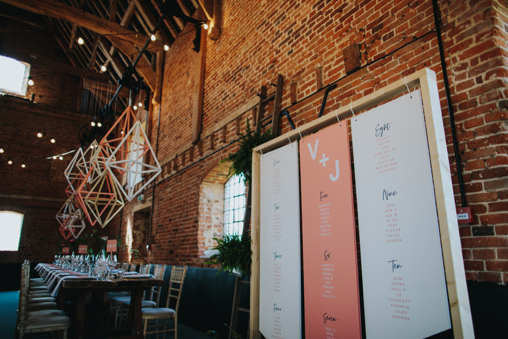 Wooden Frame Suspended Hanging Seating Plan Table Chart Modern Pink Graphic Godwick Great Barn Wedding Joshua Patrick Photography