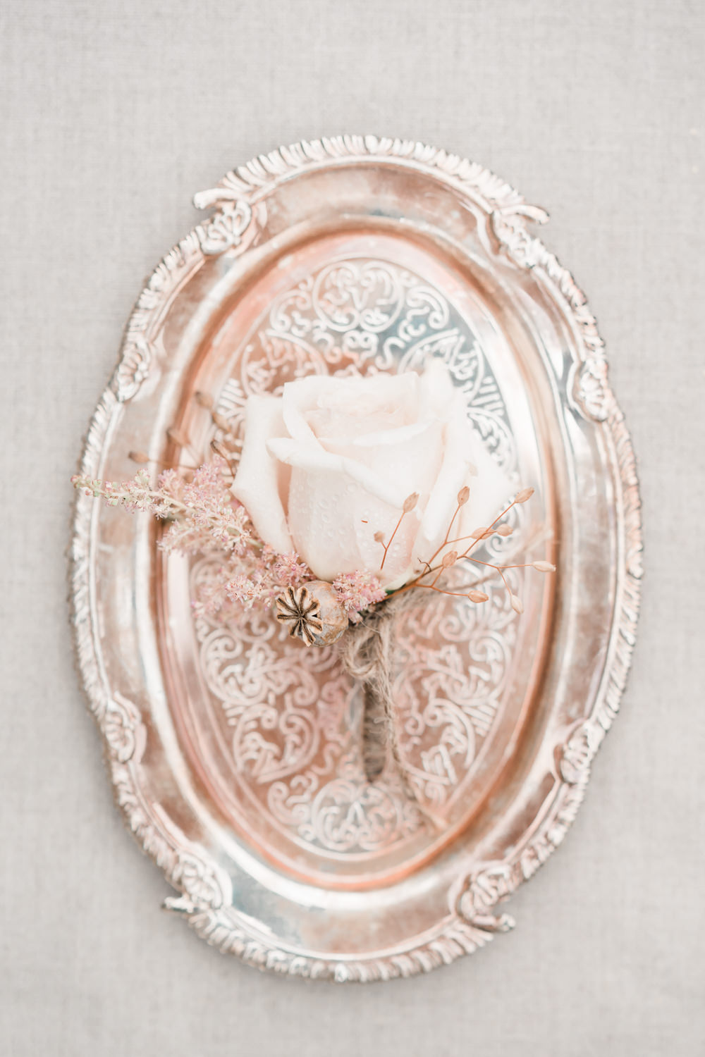 Buttonhole Flowers Rose Seed Heads Pale Pink Tray Golden Autumnal Wedding Ideas Joanna Briggs Photography