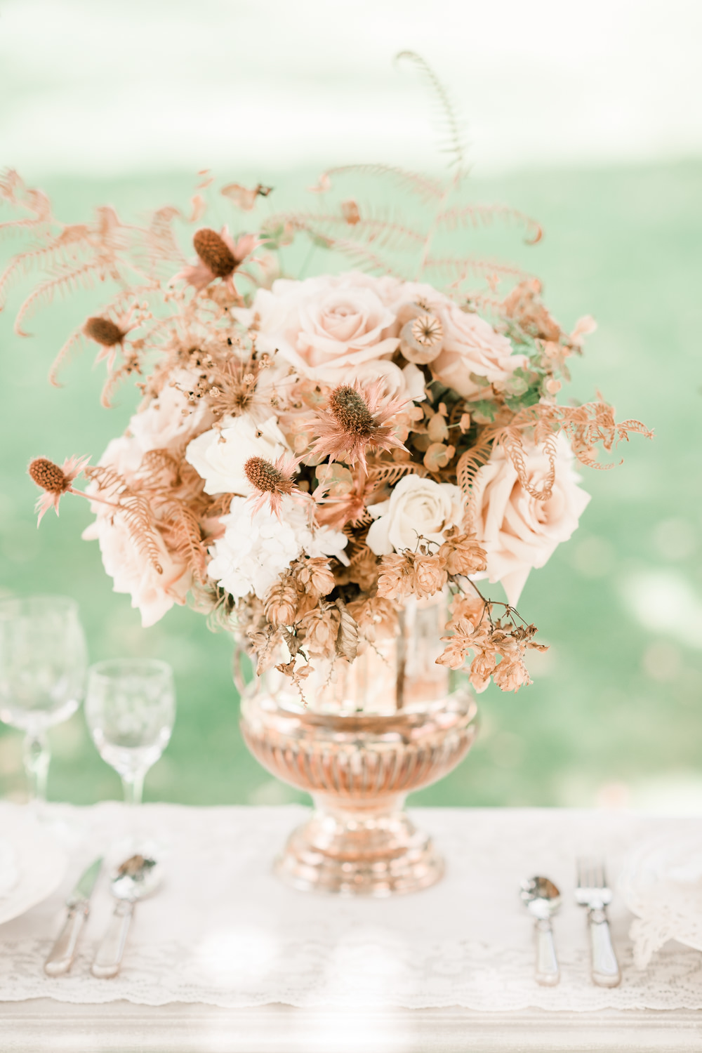 Flowers Rose Pale Pink Seed Heads Thistle Dried Copper Urn Table Centrepice Golden Autumnal Wedding Ideas Joanna Briggs Photography