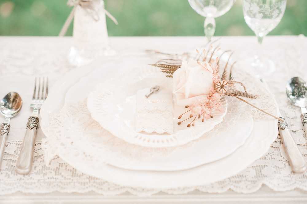 Place Setting Decor Plate Rose Pale Pink Lace Pretty Golden Autumnal Wedding Ideas Joanna Briggs Photography