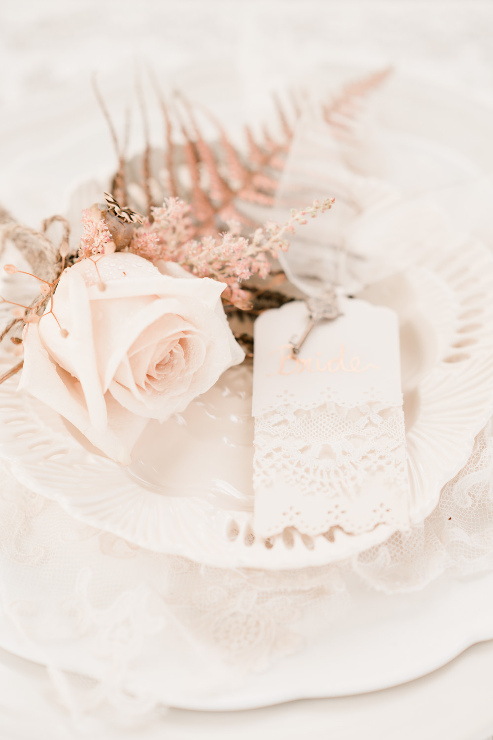 Place Setting Decor Plate Rose Pale Pink Lace Pretty Name Tag Golden Autumnal Wedding Ideas Joanna Briggs Photography
