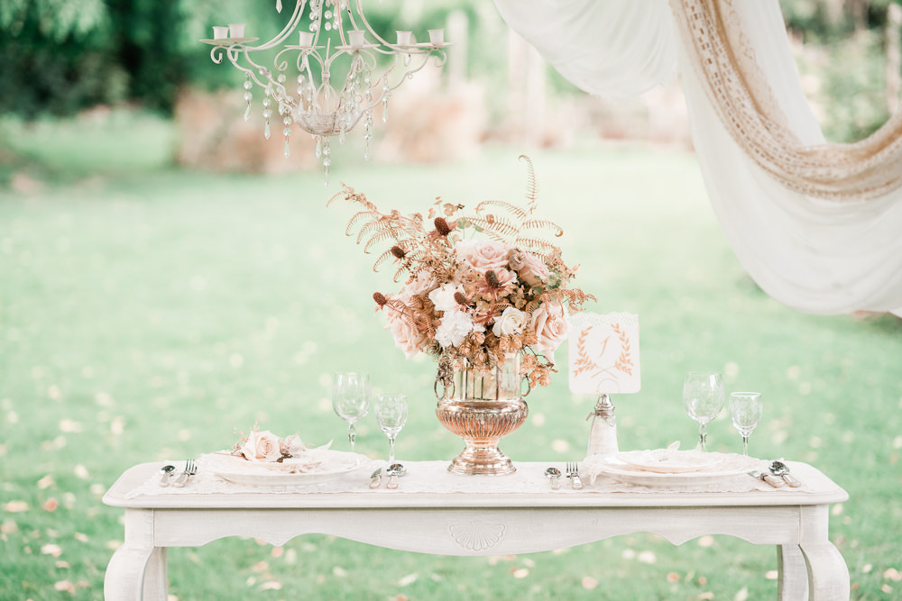 Flowers Rose Pale Pink Seed Heads Thistle Dried Copper Urn Table Centrepice Golden Autumnal Wedding Ideas Joanna Briggs Photography