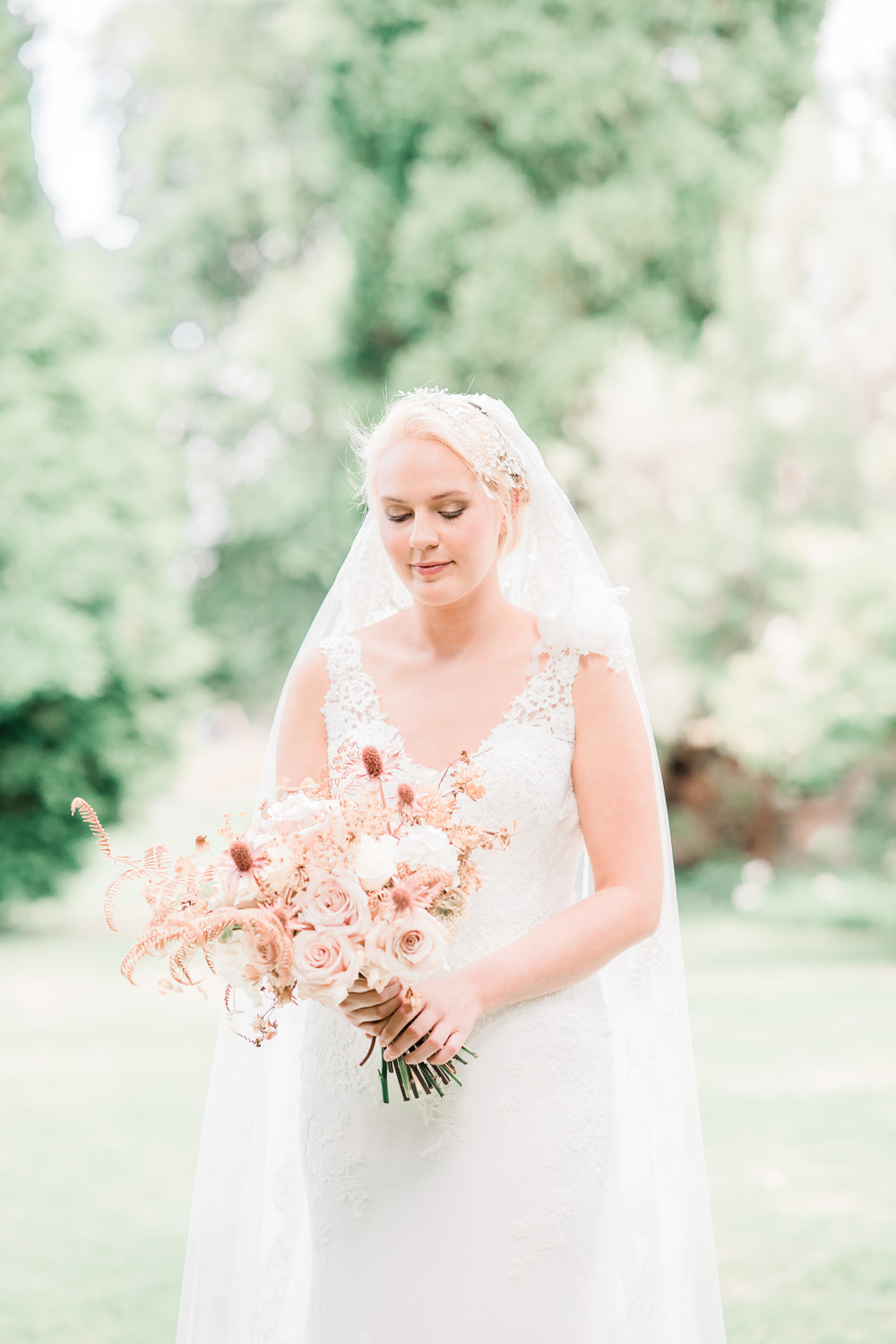 Dress Gown Fit Flare Lace Train Straps Bride Bridal Veil Golden Autumnal Wedding Ideas Joanna Briggs Photography