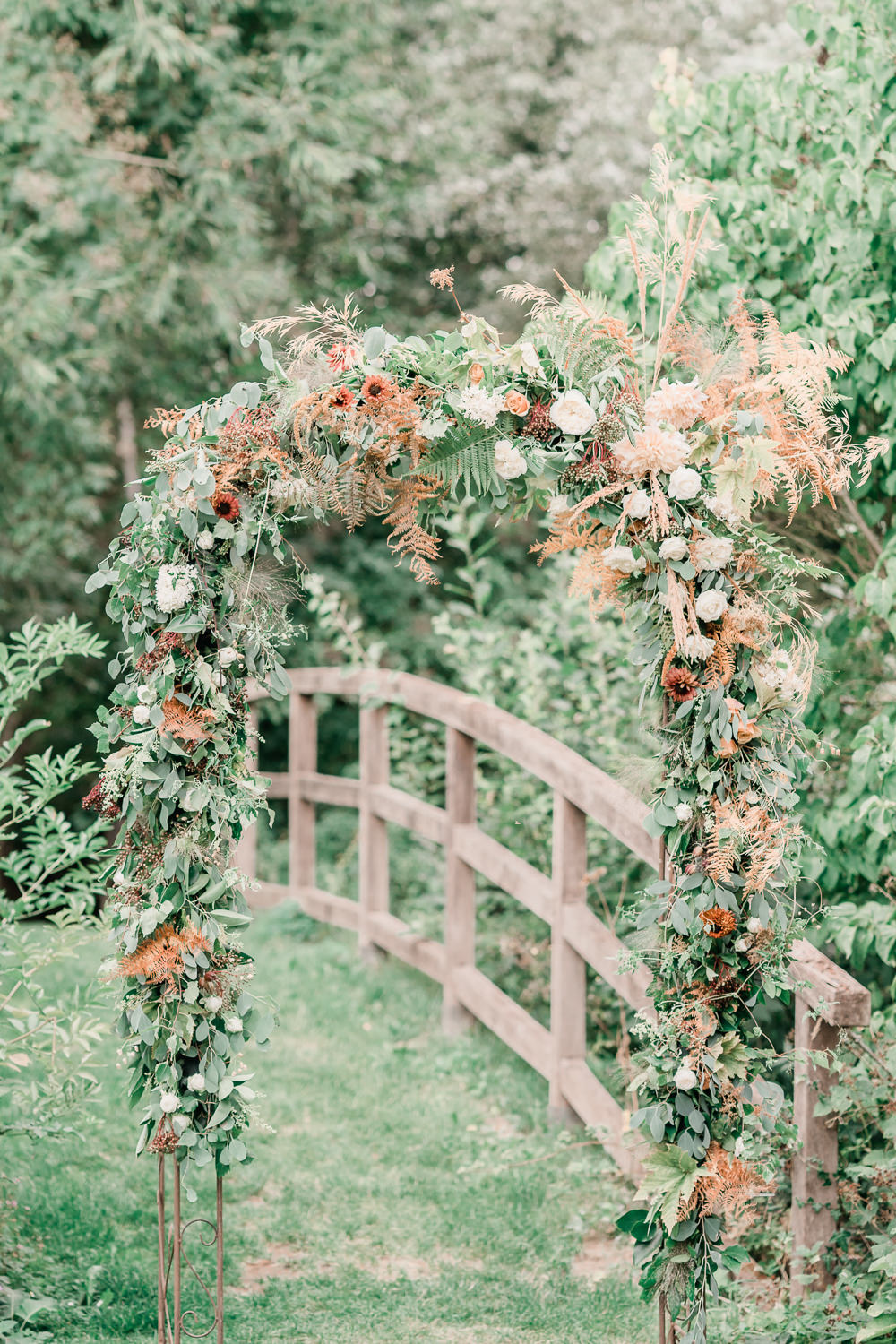 Flower Arch Floral Backdrop Ferns Grass Berries Dahlias Rose Roses and Dahlias Apricot Blush Copper Golden Autumnal Wedding Ideas Joanna Briggs Photography