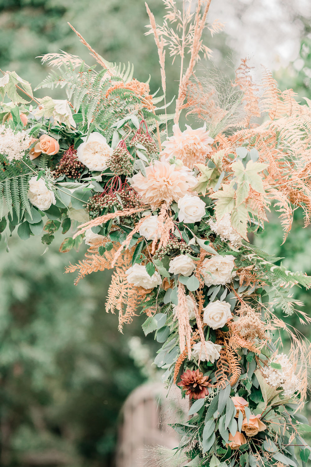 Flower Arch Floral Backdrop Ferns Grass Berries Dahlias Rose Roses and Dahlias Apricot Blush Copper Golden Autumnal Wedding Ideas Joanna Briggs Photography