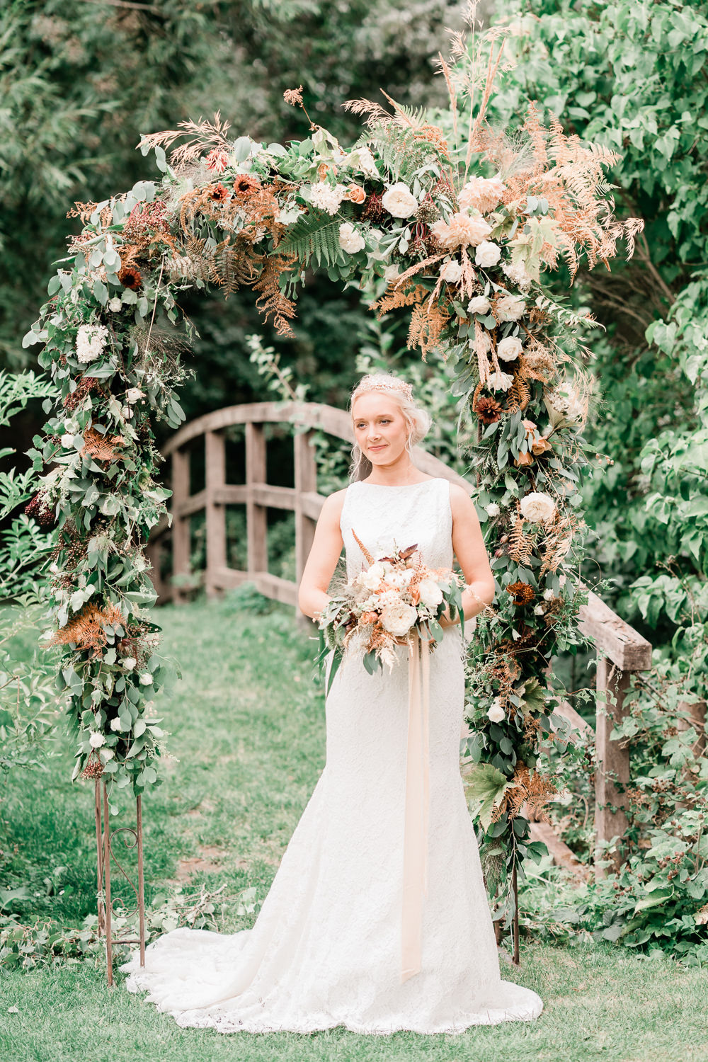 Flower Arch Floral Backdrop Ferns Grass Berries Dahlias Rose Roses and Dahlias Apricot Blush Copper Golden Autumnal Wedding Ideas Joanna Briggs Photography