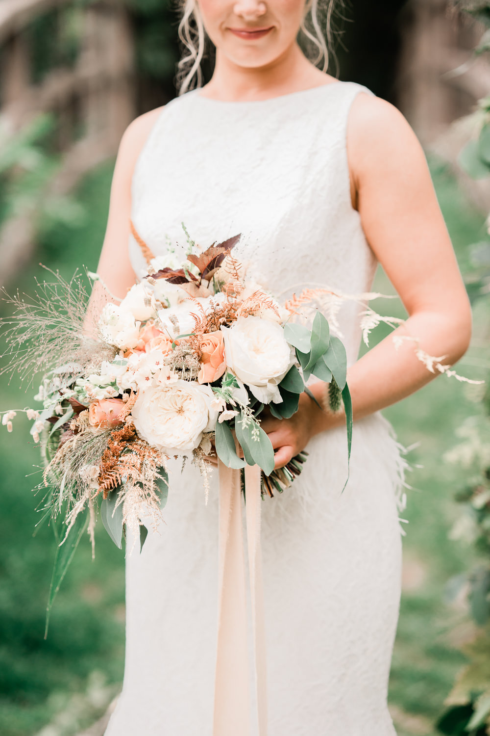 Ribbbons Bouquet Flowers Bride Bridal Millets Quaking Grass Briza Fountain Bracken Asparagus Fern David Austin Rose Phlox Amaranthus Eucalyptus Physocarpus Blush Apricot Cream Golden Autumnal Wedding Ideas Joanna Briggs Photography
