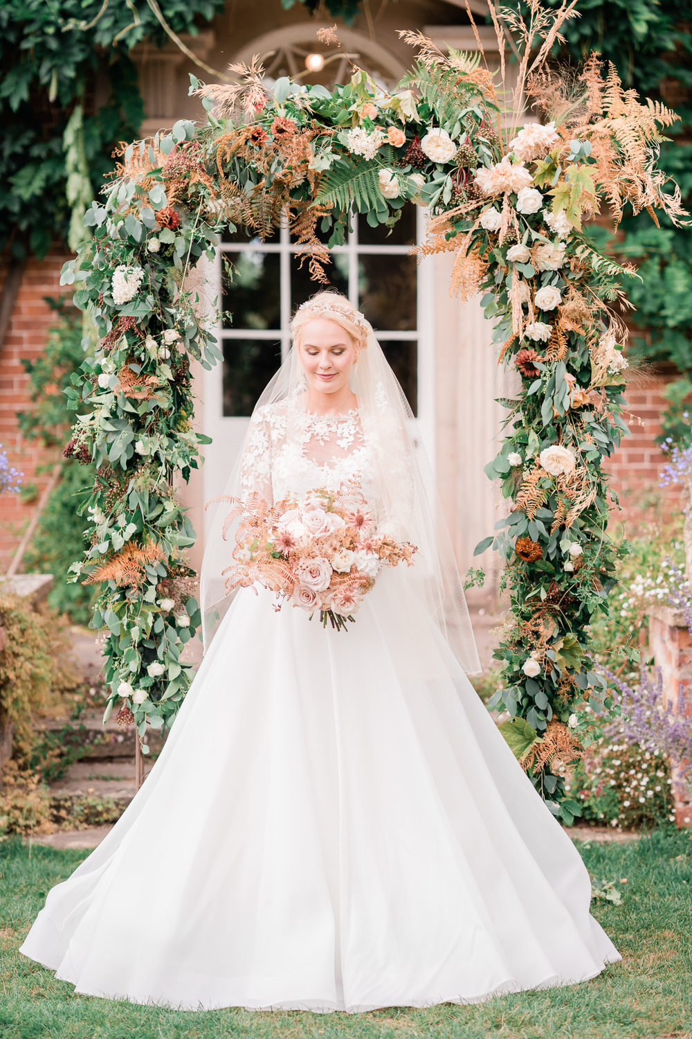 Flower Arch Floral Backdrop Ferns Grass Berries Dahlias Rose Roses and Dahlias Apricot Blush Copper Golden Autumnal Wedding Ideas Joanna Briggs Photography