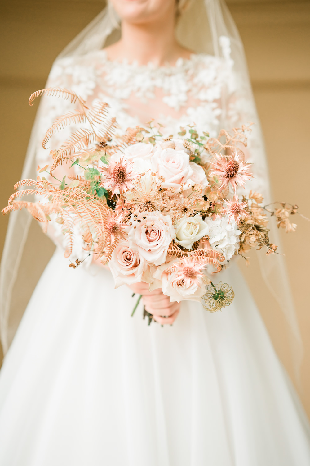 Bouquet Flowers Bride Bridal Blush Roses Dried Hydrangea Poppy Heads Copper Eringium Fern Grasses Seed Golden Autumnal Wedding Ideas Joanna Briggs Photography