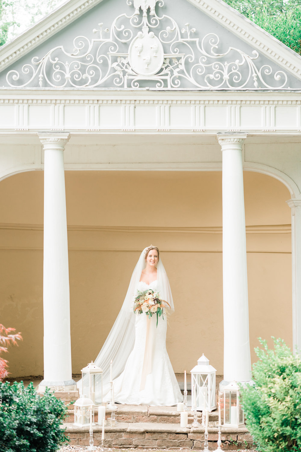 Dress Gown Fit Flare Lace Train Straps Bride Bridal Veil Golden Autumnal Wedding Ideas Joanna Briggs Photography