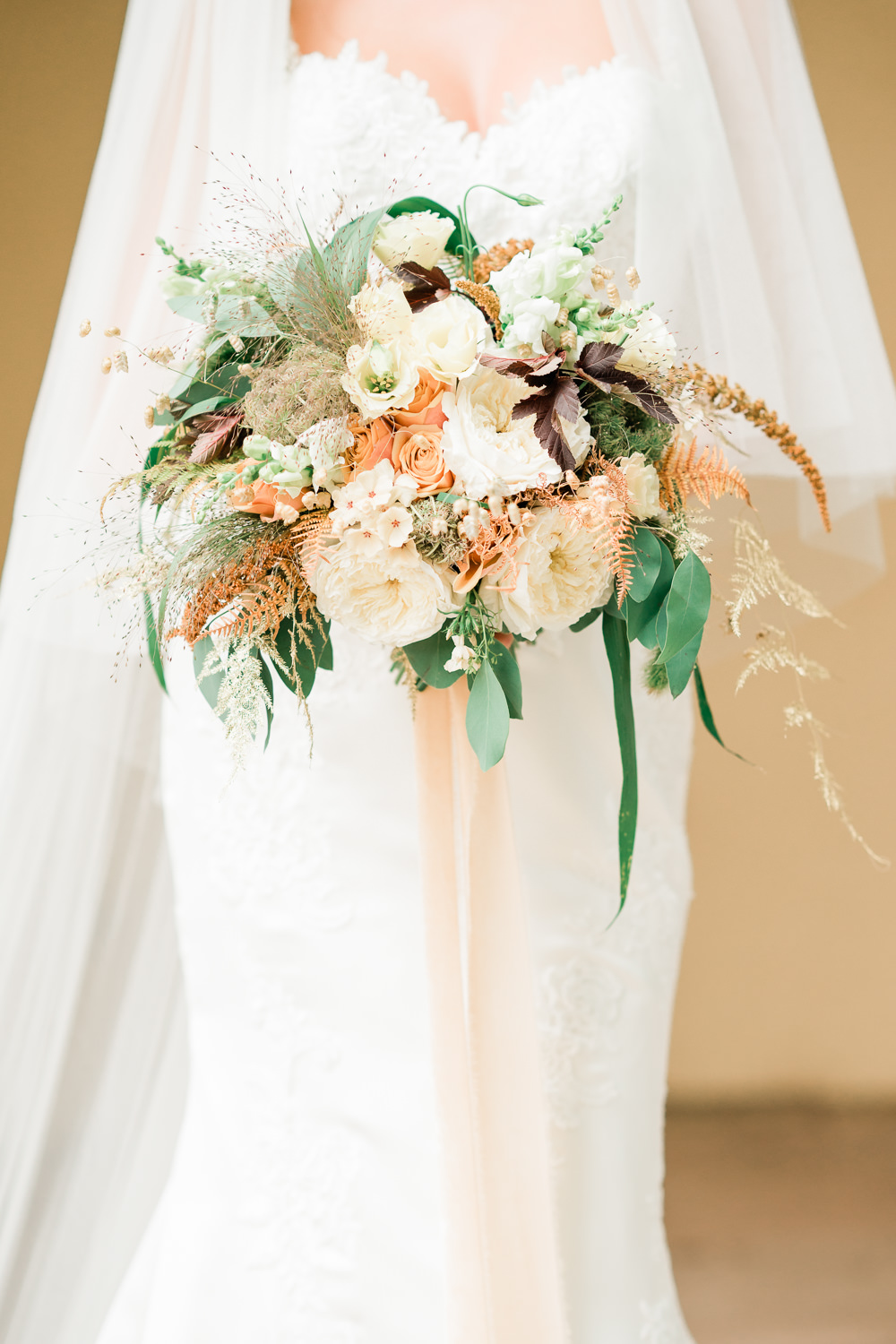 Ribbbons Bouquet Flowers Bride Bridal Millets Quaking Grass Briza Fountain Bracken Asparagus Fern David Austin Rose Phlox Amaranthus Eucalyptus Physocarpus Blush Apricot Cream Golden Autumnal Wedding Ideas Joanna Briggs Photography
