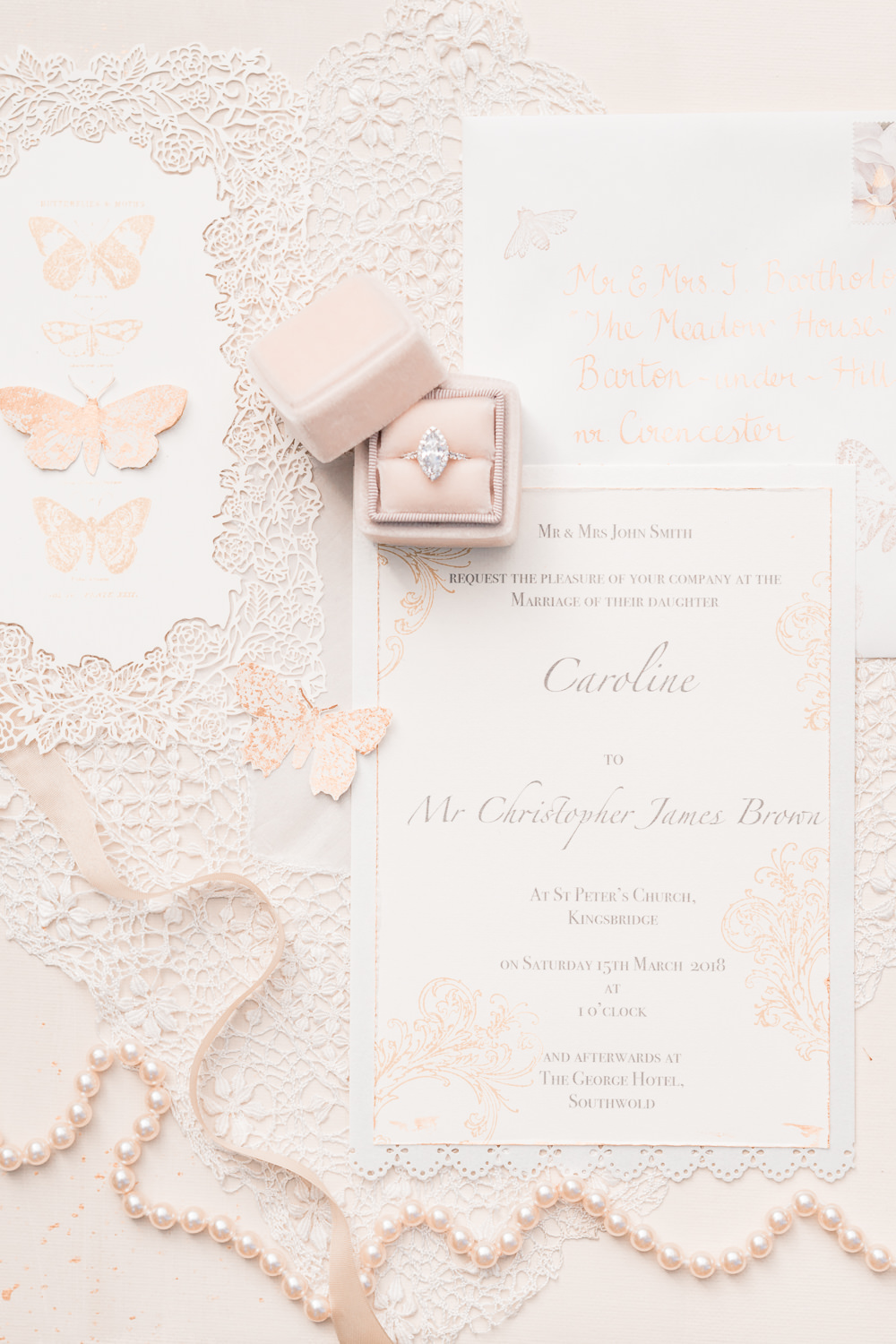 Stationery Suite Flat Lay Invites Invitations Butterlies Lace Pearls Blush Pink Golden Autumnal Wedding Ideas Joanna Briggs Photography