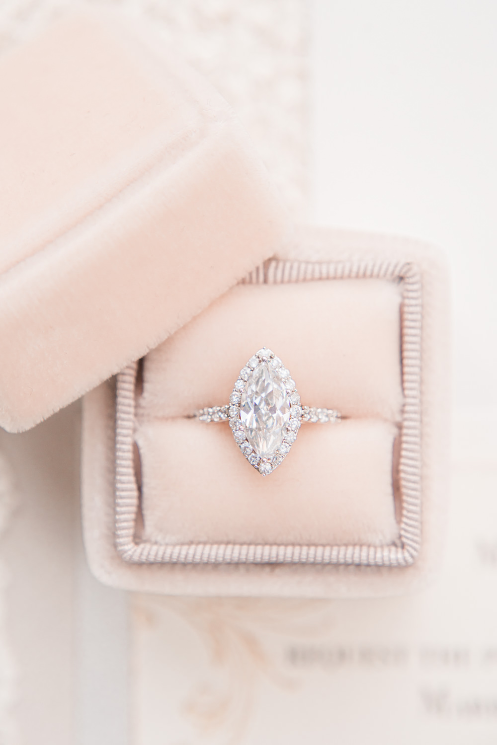 Velvet Ring Box Blush Marquise Diamond Engagement Ring Band Golden Autumnal Wedding Ideas Joanna Briggs Photography