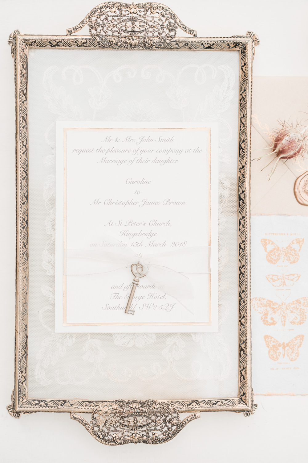 Pale Pink Blush Stationery Invite Invitation Key Ribbon Golden Autumnal Wedding Ideas Joanna Briggs Photography