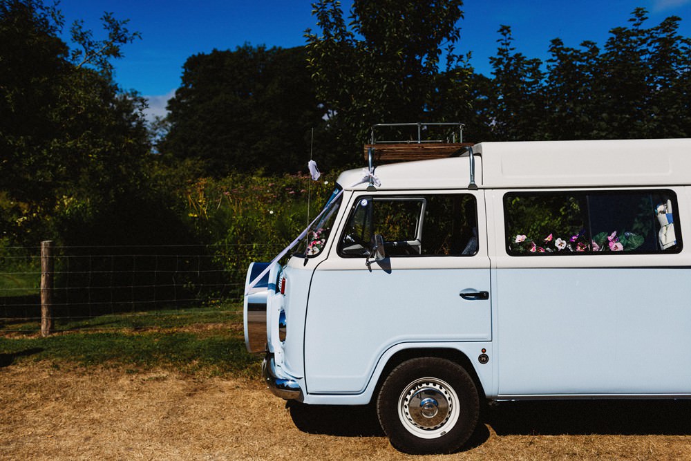 Blue Campervan Transport Gorwell Farm Wedding Jason Williams Photography