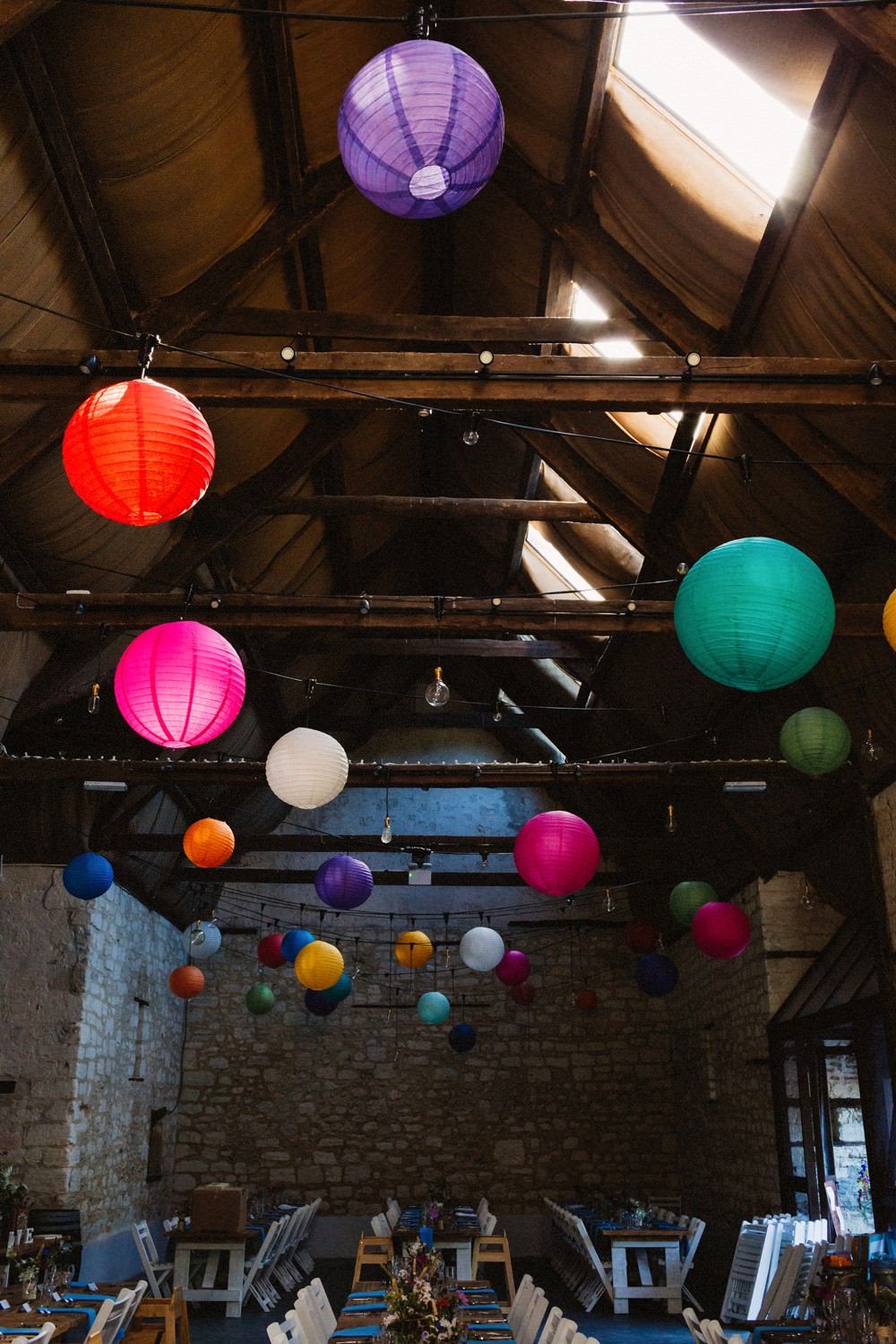 Barn Colourful Lanterns Decor Gorwell Farm Wedding Jason Williams Photography