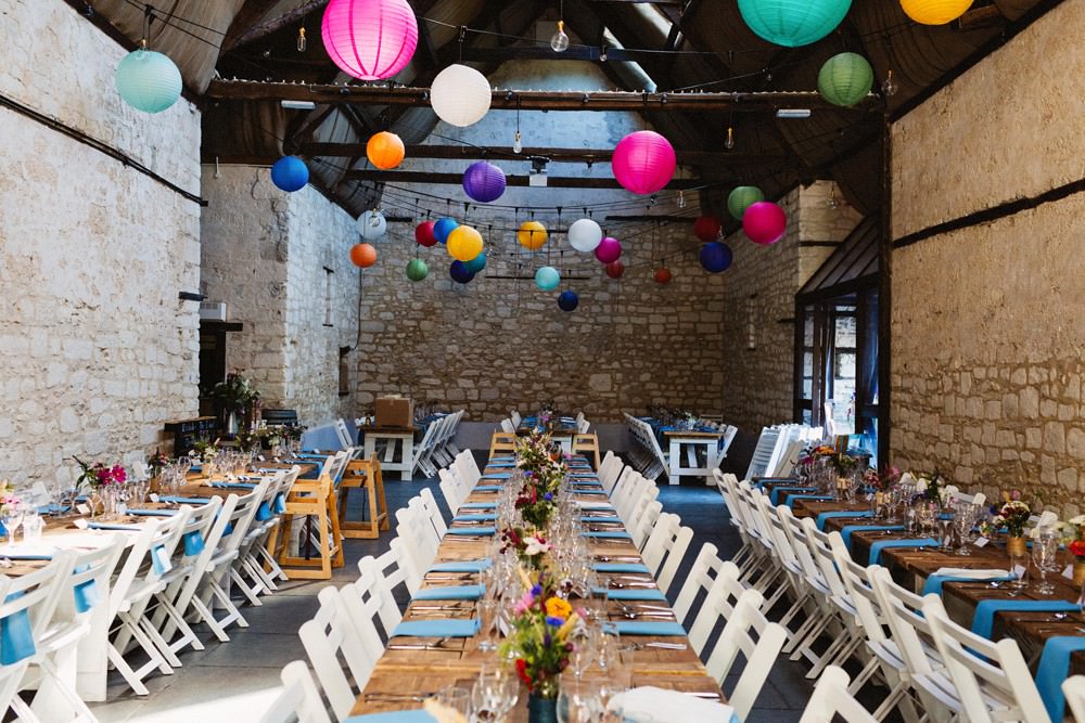 Barn Colourful Lanterns Long Tables Decor Gorwell Farm Wedding Jason Williams Photography