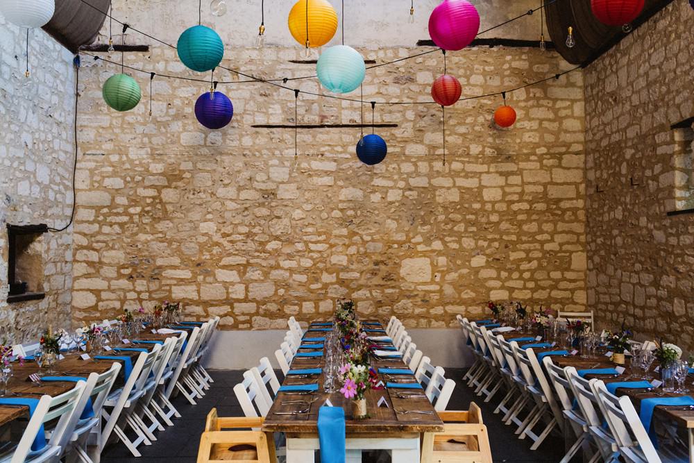 Barn Colourful Lanterns Long Tables Decor Gorwell Farm Wedding Jason Williams Photography