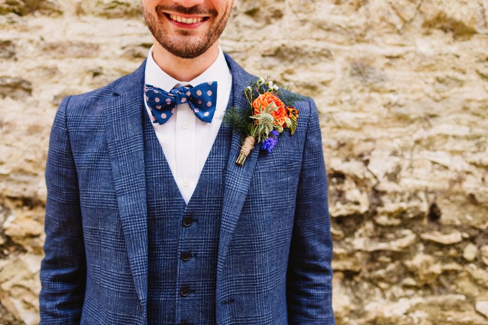 Groom Navy Suit Jacket Bow Tie Tan Chinos Groomsmen Buttonhole Flowers Gorwell Farm Wedding Jason Williams Photography