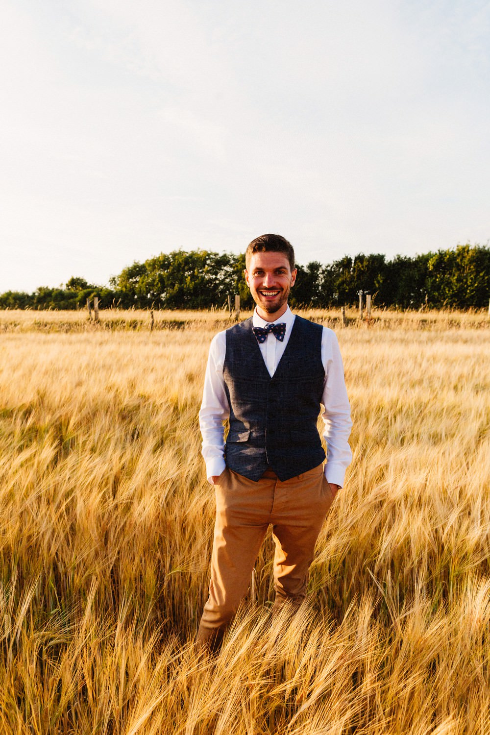 Groom Navy Suit Waistcoat Bow Tie Tan Chinos Groomsmen Gorwell Farm Wedding Jason Williams Photography