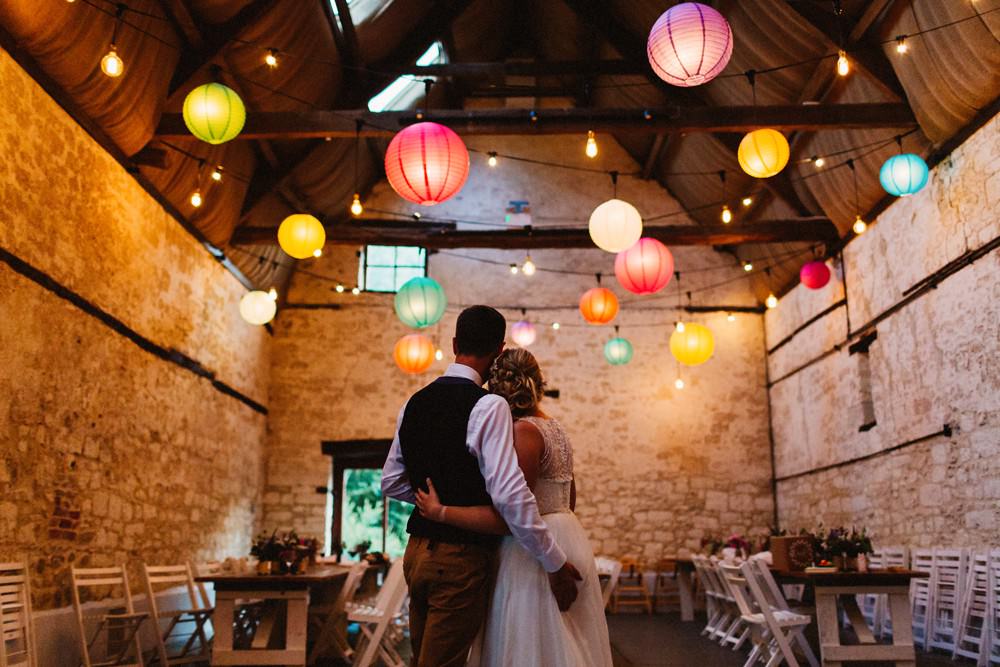 Barn Colourful Lanterns Long Tables Decor Gorwell Farm Wedding Jason Williams Photography