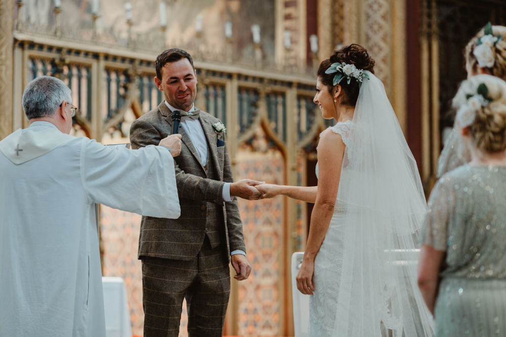 Bride Bridal Lace Overlay Straps Veil Tweed Three Piece Suit Waistcoat Hobbit Hill Wedding Stevie Jay Photography