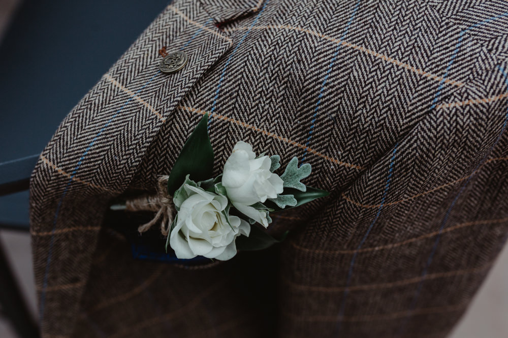 Tweed Groom White Flower Buttonhole Hobbit Hill Wedding Stevie Jay Photography