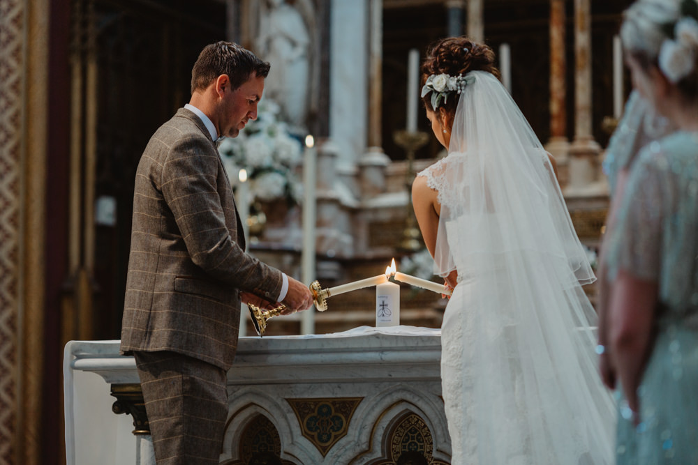 Bride Bridal Lace Overlay Straps Veil Tweed Three Piece Suit Waistcoat Hobbit Hill Wedding Stevie Jay Photography