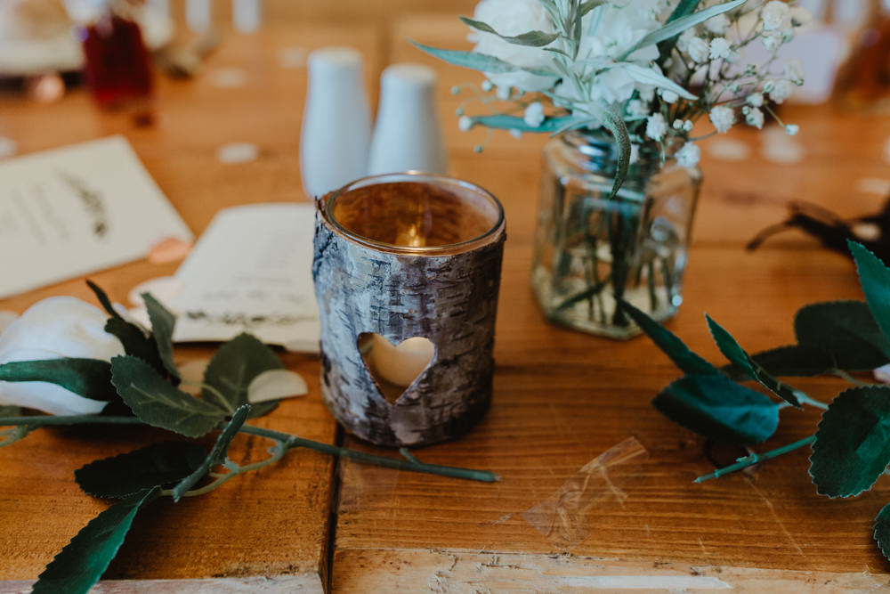 Wooden Heart Candle Holder Jam Jar Flowers Hobbit Hill Wedding Stevie Jay Photography