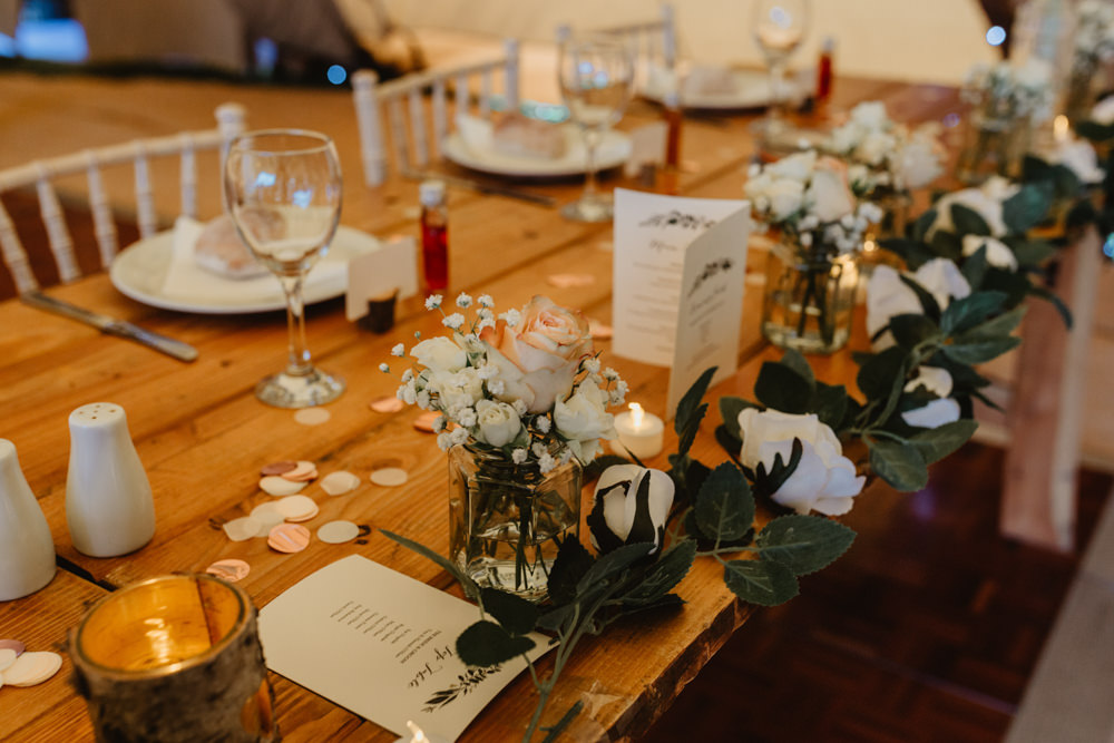 Top Table Runner White Flower Greenery Jam Jar Flowers Confetti Hobbit Hill Wedding Stevie Jay Photography