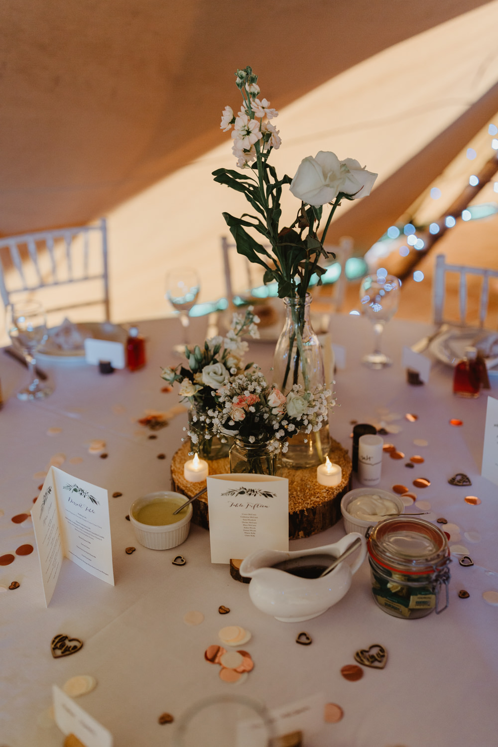 Wood Slice Log Table Centre Jam Jar Flowers Confetti Tealights Hobbit Hill Wedding Stevie Jay Photography
