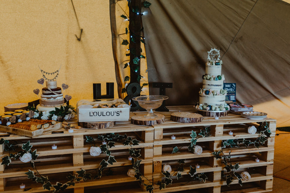 Dessert Table Cake Pallet Tipi Greenery Wood Slice Log Hobbit Hill Wedding Stevie Jay Photography