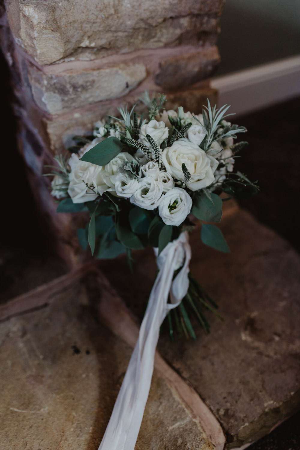 Bride Bridal Bouquet White Flowers Peony Rose Rosemary White Ribbon Hobbit Hill Wedding Stevie Jay Photography