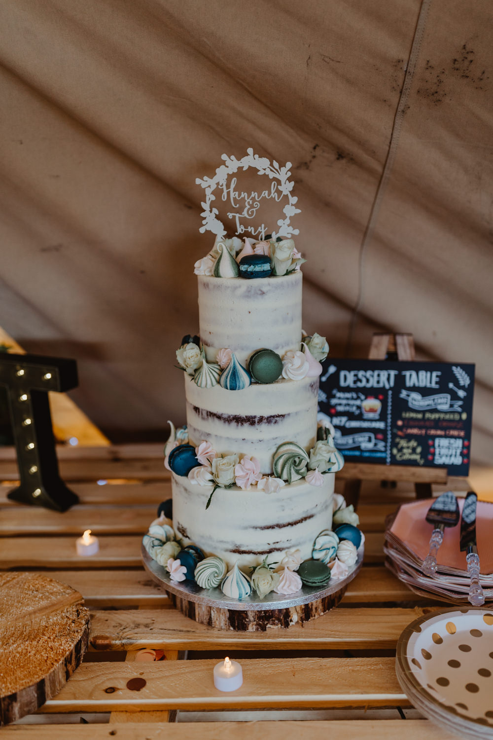 Semi Naked Buttercream Cake Meringue Kiss Topper Dessert Table Hobbit Hill Wedding Stevie Jay Photography