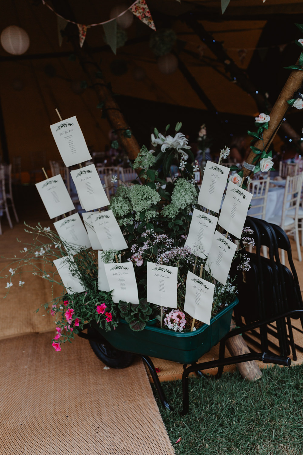 Table Plan Seating Chart Wheelbarrow Plants Flowers Hobbit Hill Wedding Stevie Jay Photography