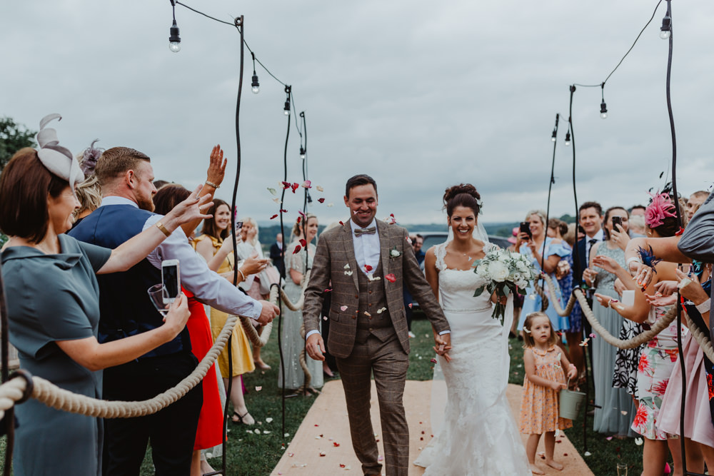 Bride Bridal Lace Overlay Straps Veil Tweed Three Piece Suit Waistcoat Confetti Hobbit Hill Wedding Stevie Jay Photography