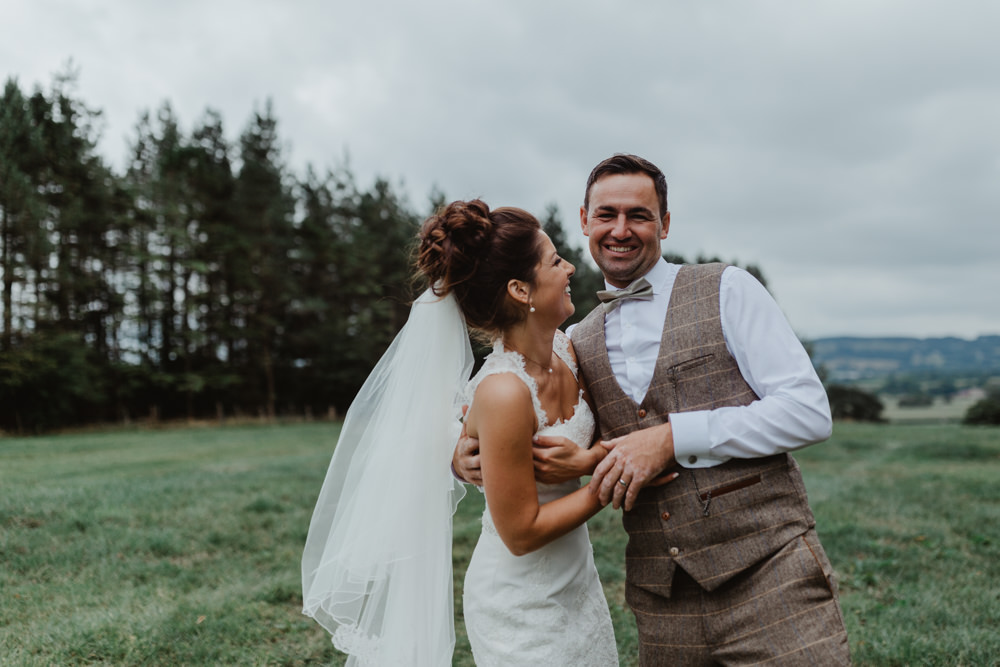 Bride Bridal Lace Overlay Straps Veil Tweed Three Piece Suit Waistcoat Hobbit Hill Wedding Stevie Jay Photography