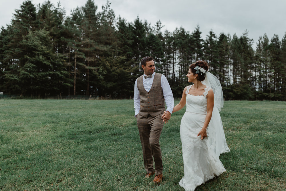 Bride Bridal Lace Overlay Straps Veil Tweed Three Piece Suit Waistcoat Hobbit Hill Wedding Stevie Jay Photography