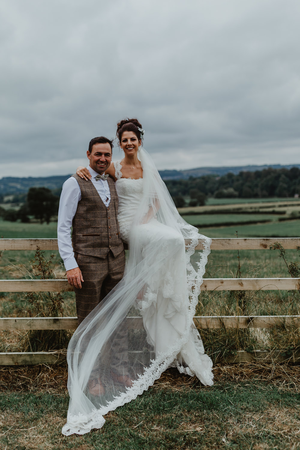 Bride Bridal Lace Overlay Straps Veil Tweed Three Piece Suit Waistcoat Hobbit Hill Wedding Stevie Jay Photography