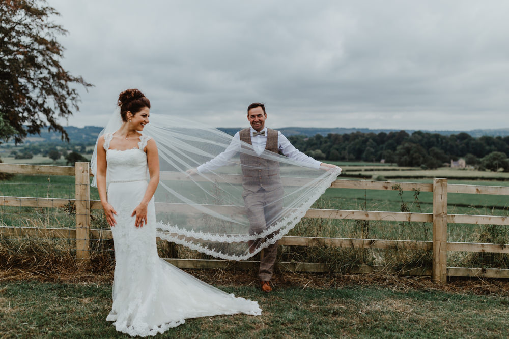 Bride Bridal Lace Overlay Straps Veil Tweed Three Piece Suit Waistcoat Hobbit Hill Wedding Stevie Jay Photography