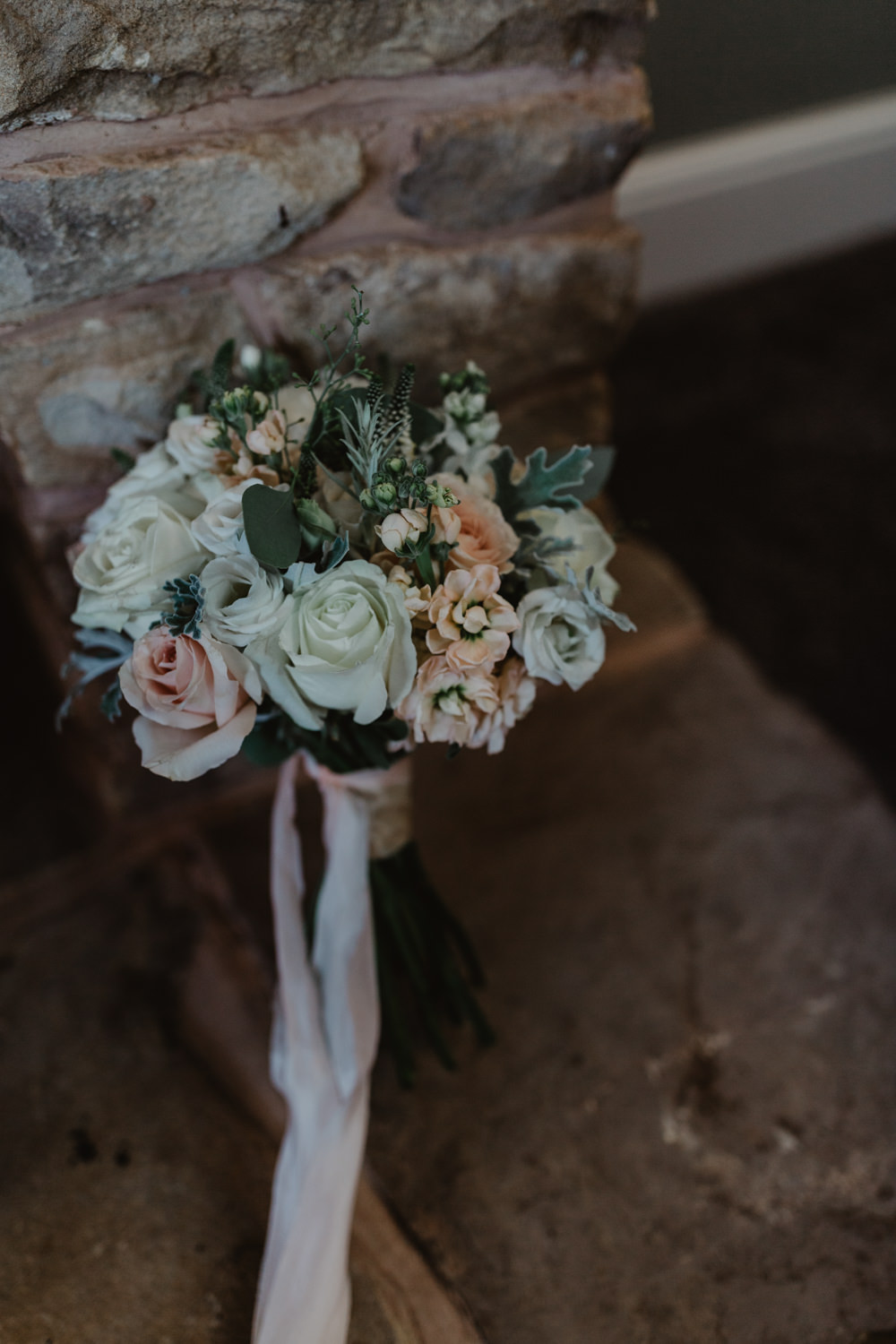Bride Bridal White Peach Rose Peony Bouquet Ribbon Hobbit Hill Wedding Stevie Jay Photography