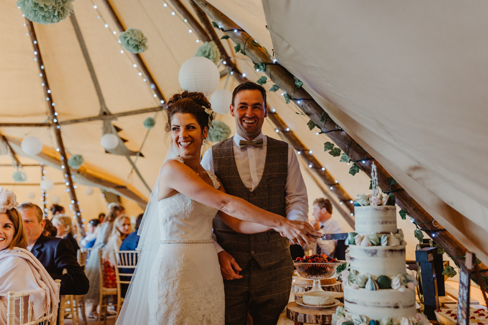 Bride Bridal Lace Overlay Straps Veil Tweed Three Piece Suit Waistcoat Cake Cutting Semi Naked Buttercream Hobbit Hill Wedding Stevie Jay Photography