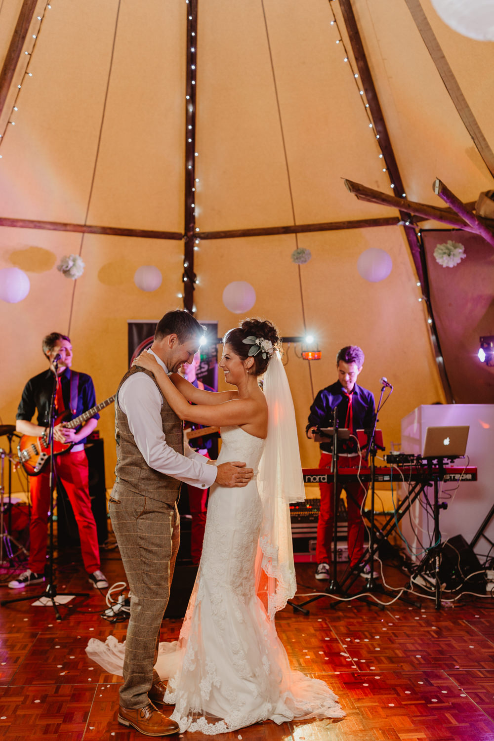 Bride Bridal Lace Overlay Veil Tweed Three Piece Suit Waistcoat Hobbit Hill Wedding Stevie Jay Photography