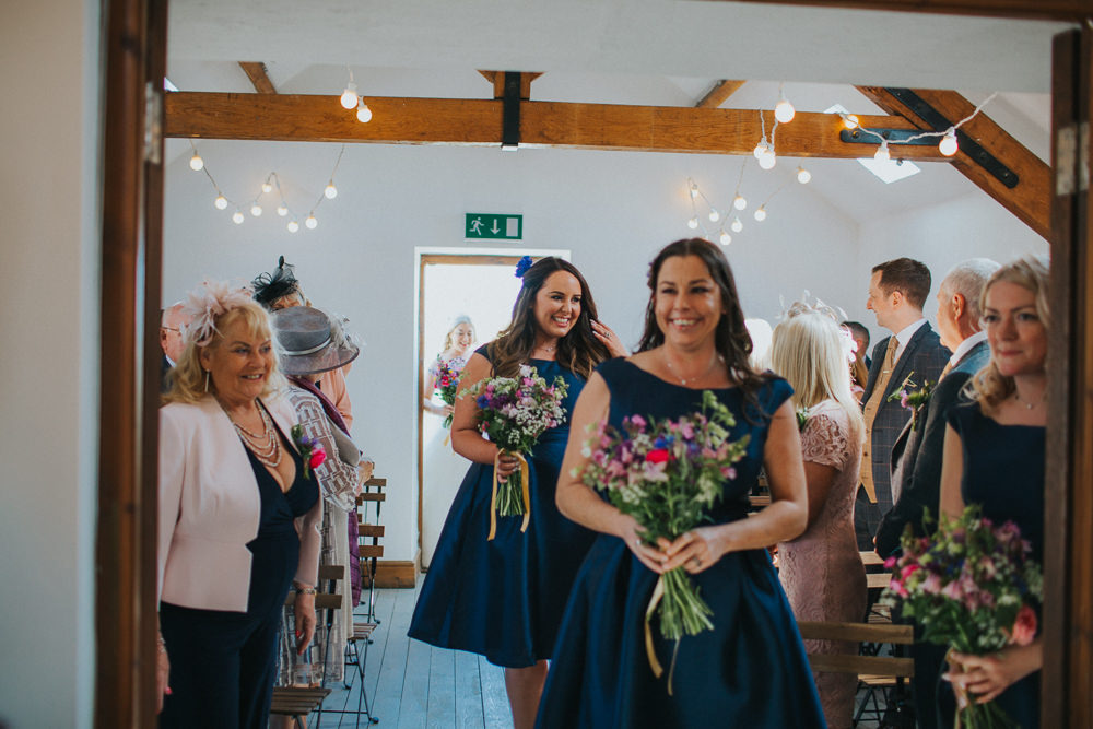 Bridesmaids Navy Silk 50s Dress Wildflower Bouquet Short Minnehaha Events Wedding Lisa Webb Photography